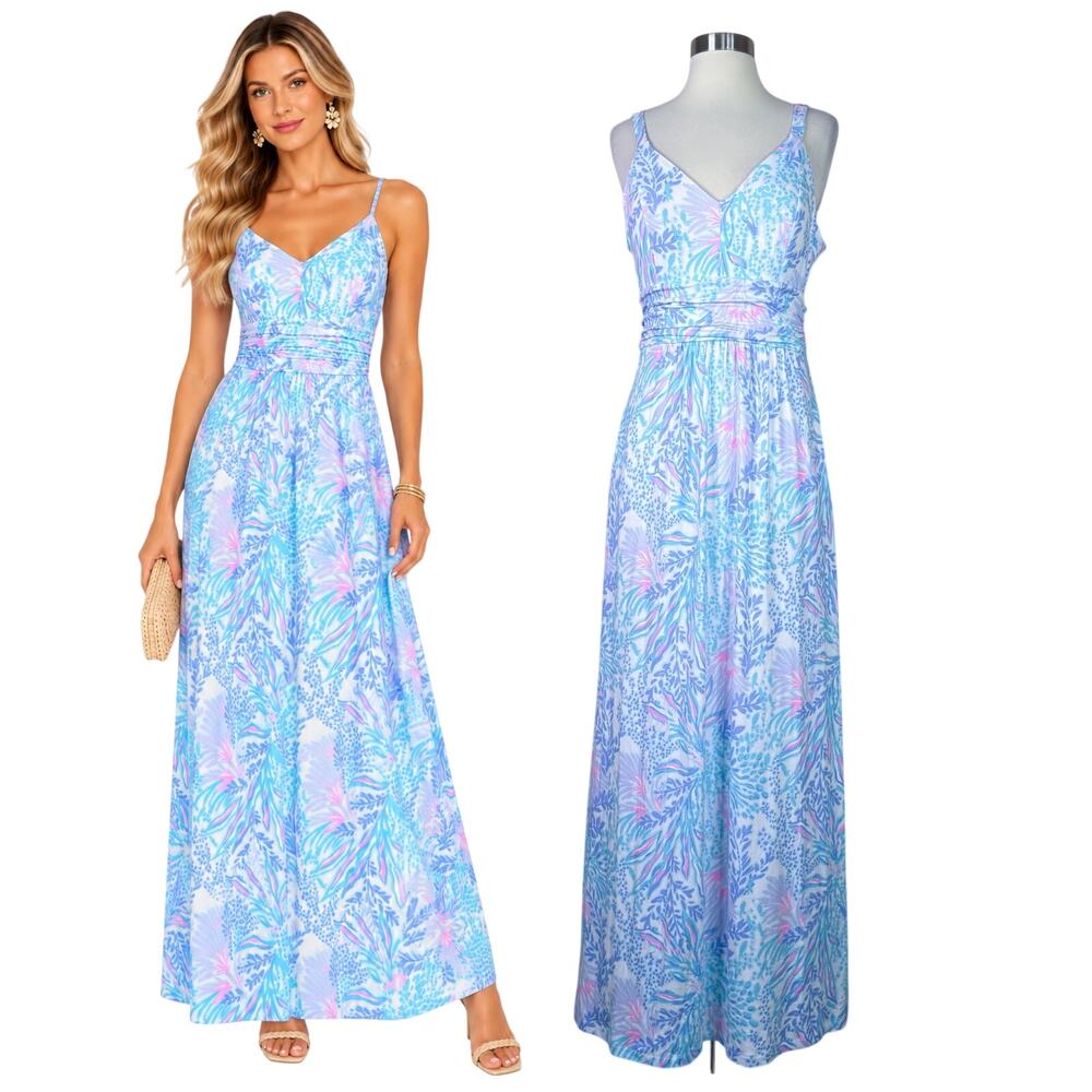 Lilly Pulitzer | Blake Blue Pink Floral Ruched Maxi Dress Sleeveless Size 10